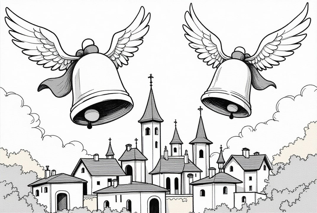 dibujo-para-colorear Campanas de Pascua sobre el pueblo