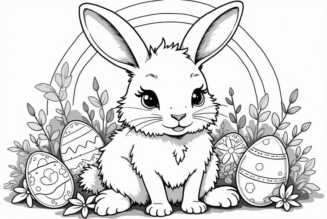 dibujo-para-colorear Conejito de Pascua con huevos de Pascua en el jardín.