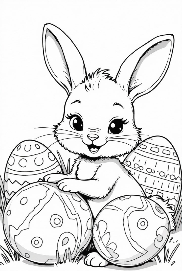 dibujo-para-colorear Conejito de Pascua con huevos de Pascua