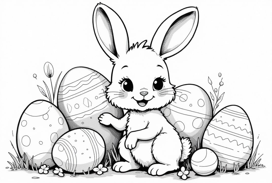 dibujo-para-colorear Conejito de Pascua con huevos en el jardín.