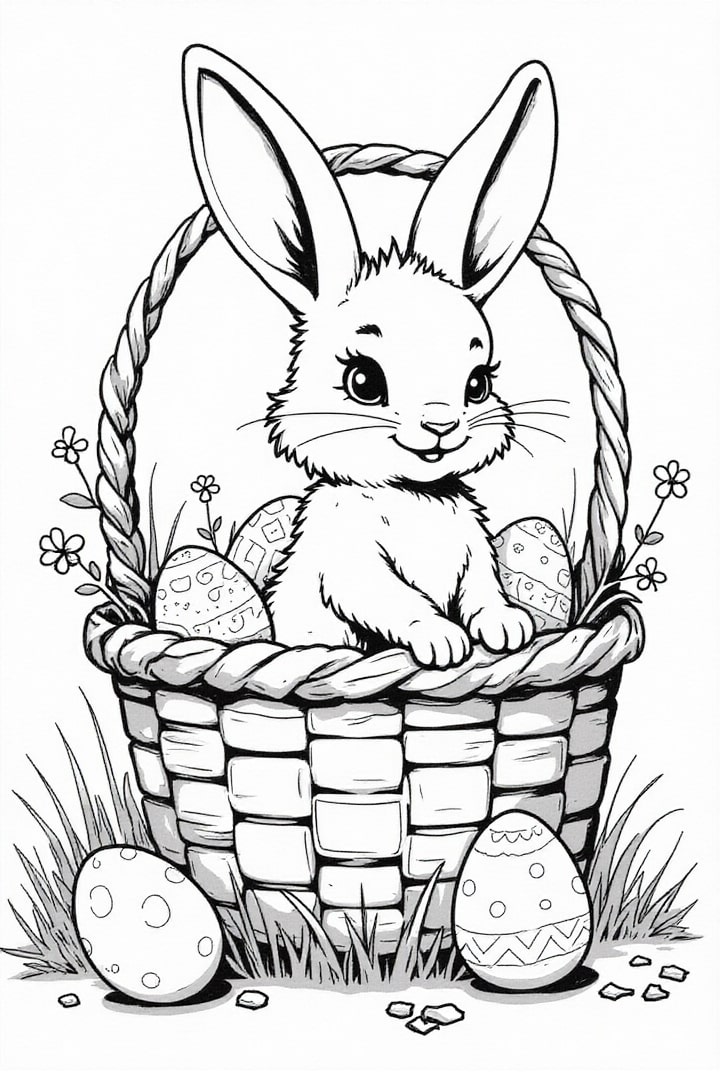dibujo-para-colorear Conejito de Pascua en canasta de Pascua con huevos
