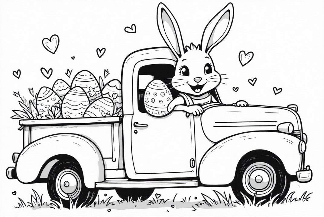 dibujo-para-colorear Conejito de Pascua en el camión