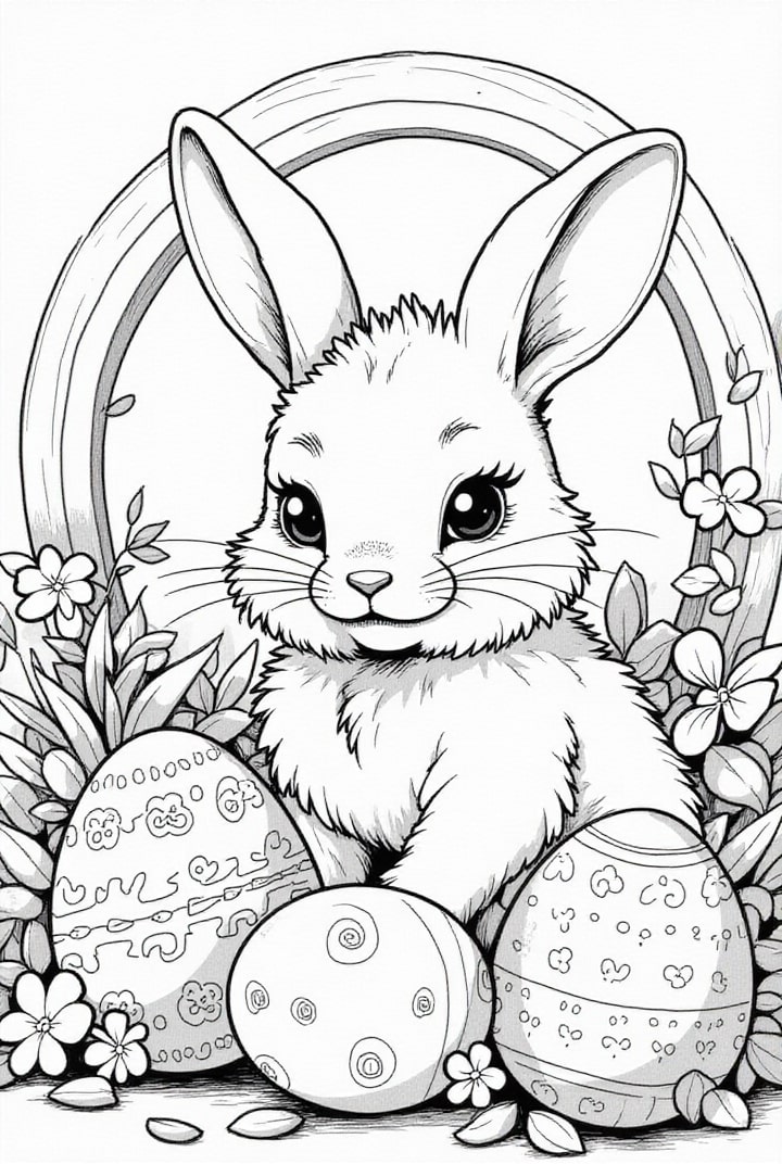 dibujo-para-colorear Conejito de Pascua en el jardín con huevos de Pascua.