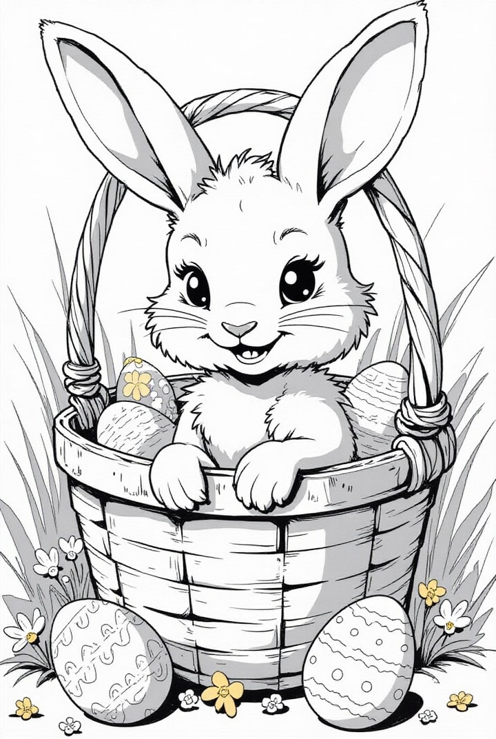 dibujo-para-colorear Conejito de Pascua en la canasta de Pascua