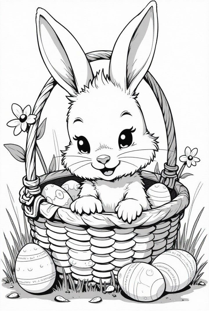dibujo-para-colorear Conejito de Pascua en la canasta de Pascua