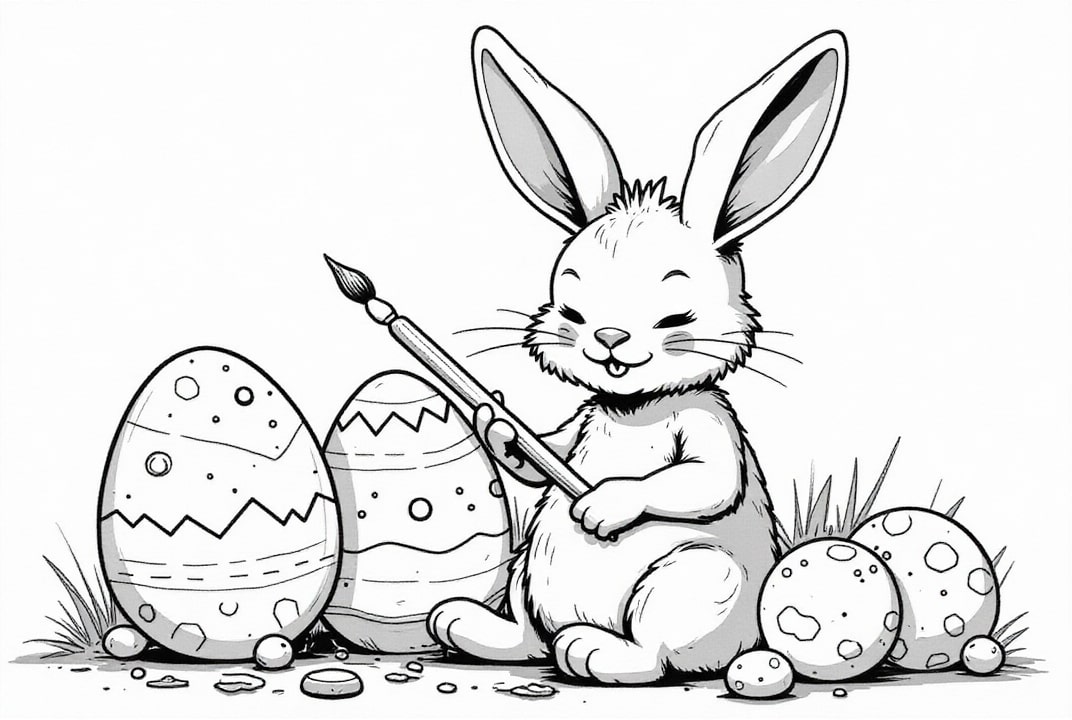 dibujo-para-colorear Conejito de Pascua pinta huevos