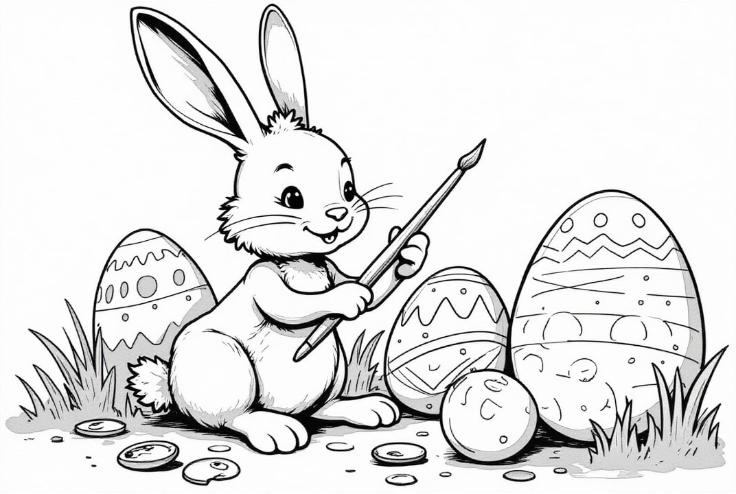 dibujo-para-colorear Conejito de Pascua pintando huevo