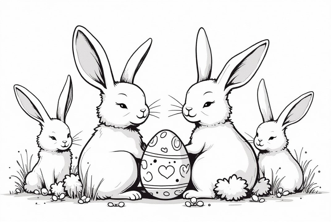 dibujo-para-colorear Conejitos de Pascua en el jardín