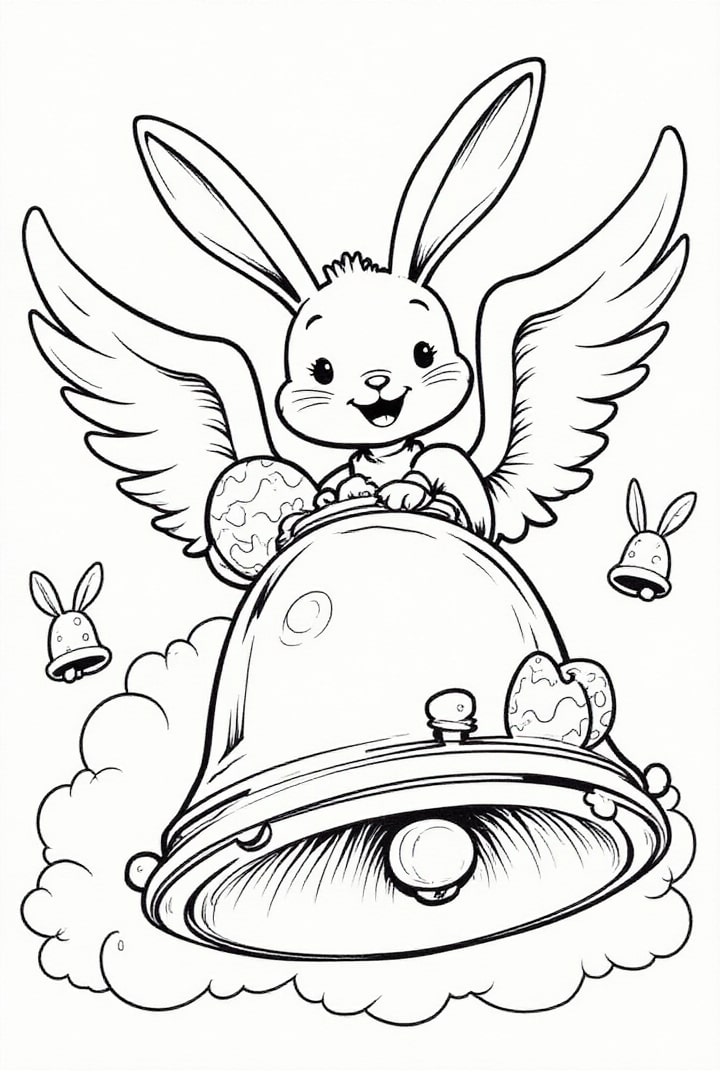 dibujo-para-colorear El conejito de Pascua vuela en el reloj
