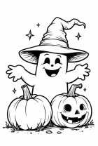 dibujo-para-colorear Fantasma de Halloween con calabazas