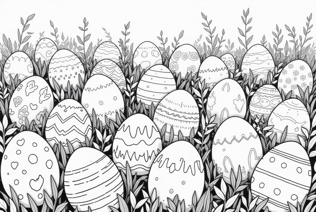 dibujo-para-colorear huevos de pascua en el jardin