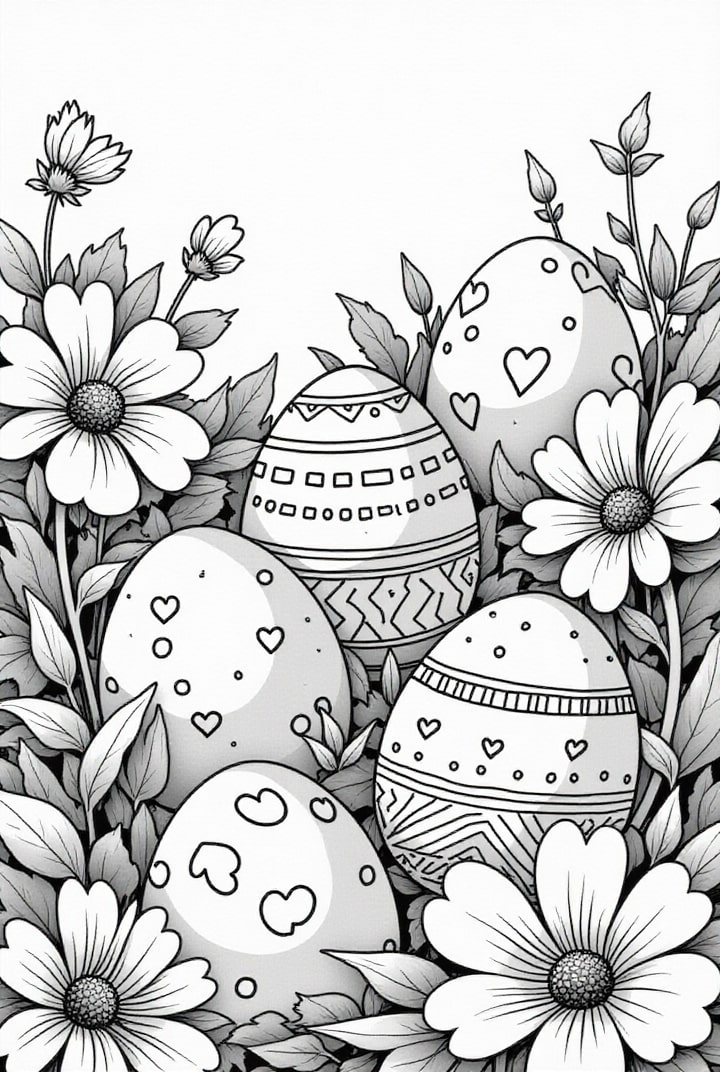 dibujo-para-colorear huevos de pascua en el prado