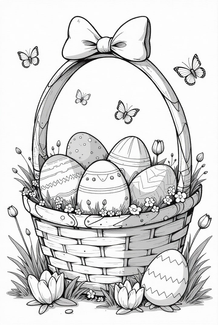 dibujo-para-colorear huevos de pascua en la canasta