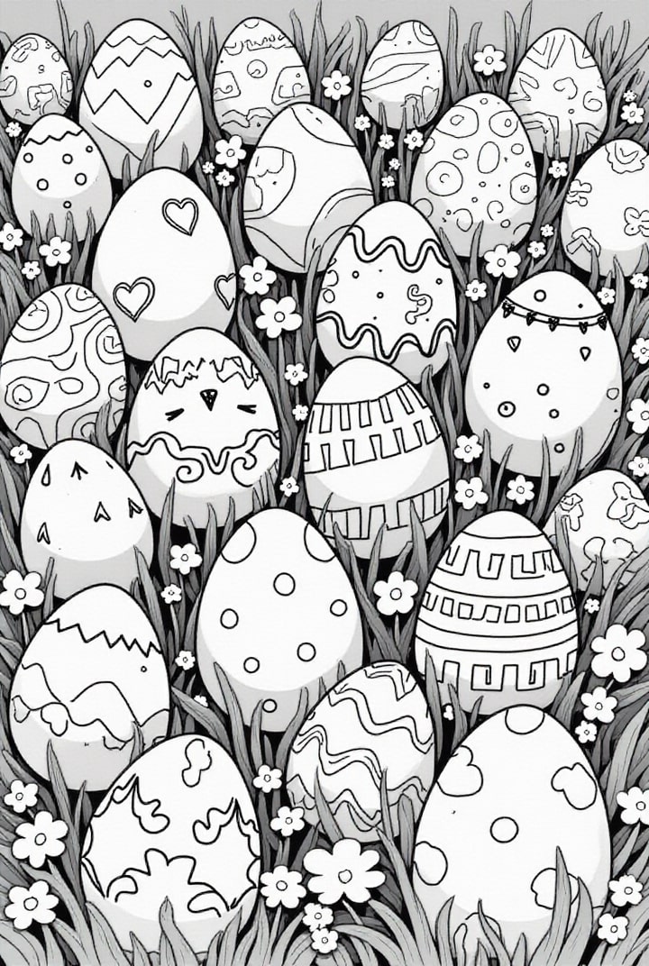 dibujo-para-colorear huevos de pascua en la hierba
