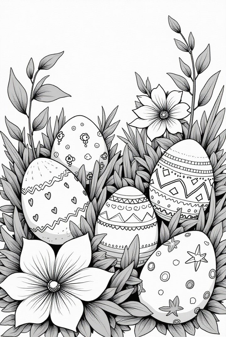 dibujo-para-colorear huevos de pascua en la hierba