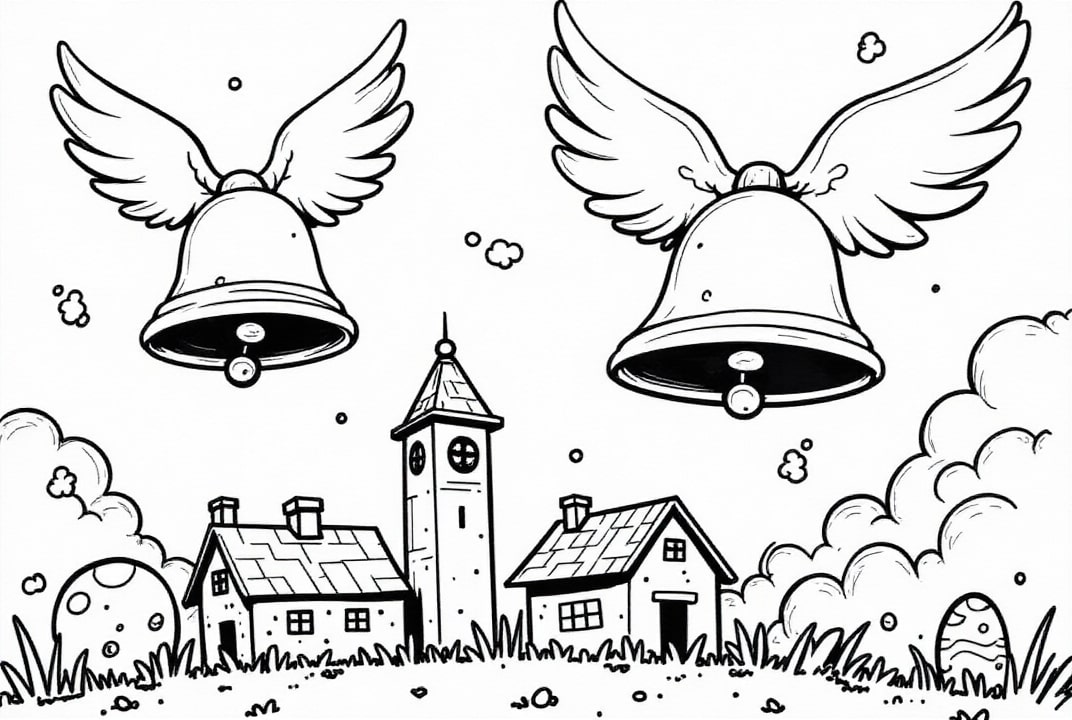 dibujo-para-colorear Las campanas de Pascua ondean sobre el pueblo