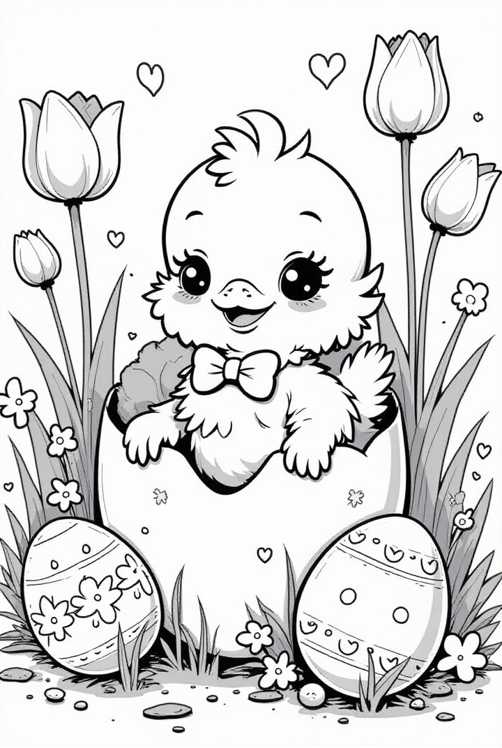 dibujo-para-colorear Pollito de Pascua con huevo de Pascua