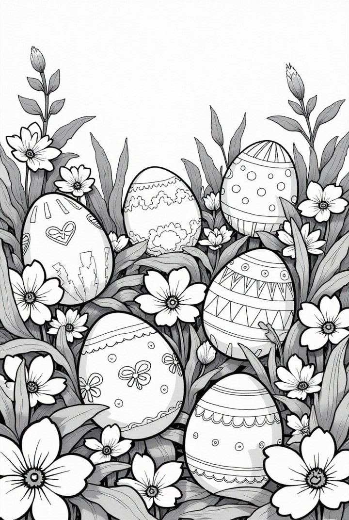 dibujo-para-colorear Seis huevos de Pascua en el jardín.