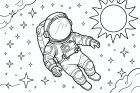 dibujo-para-colorear astronauta en el espacio con las estrellas y el sol