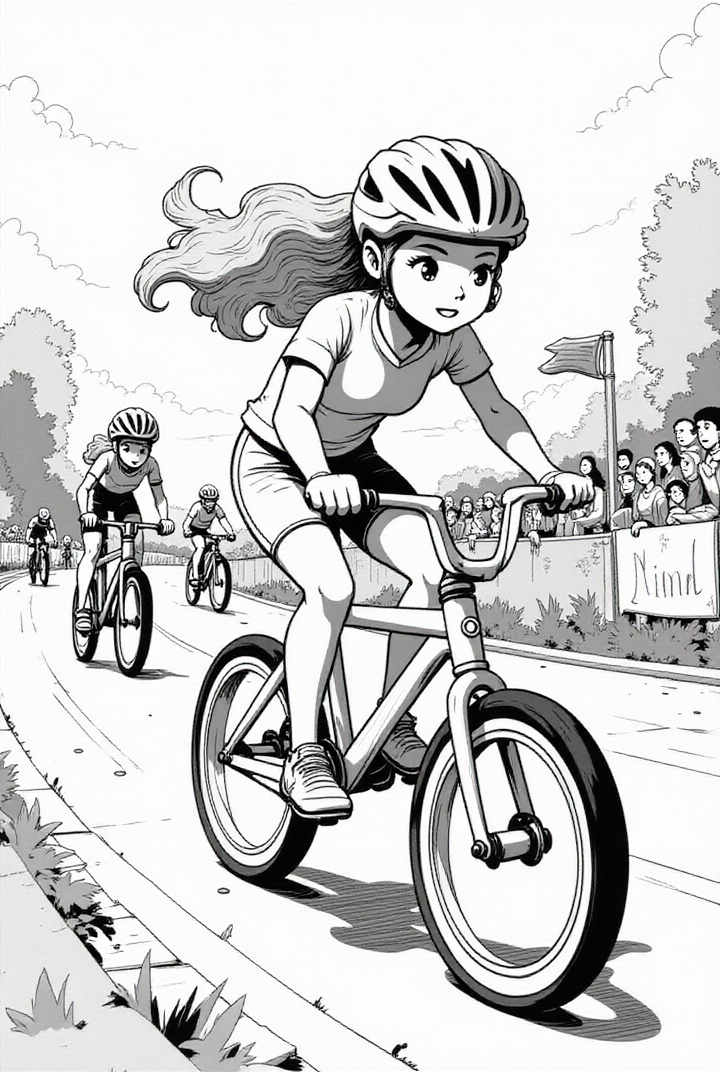 dibujo-para-colorear Chica en carrera de bicicletas