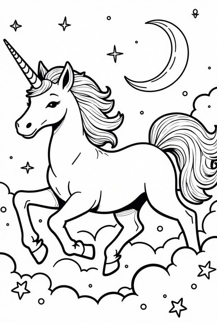 dibujo-para-colorear El unicornio galopa por la noche