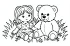 dibujo-para-colorear muñeca y oso en la hierba