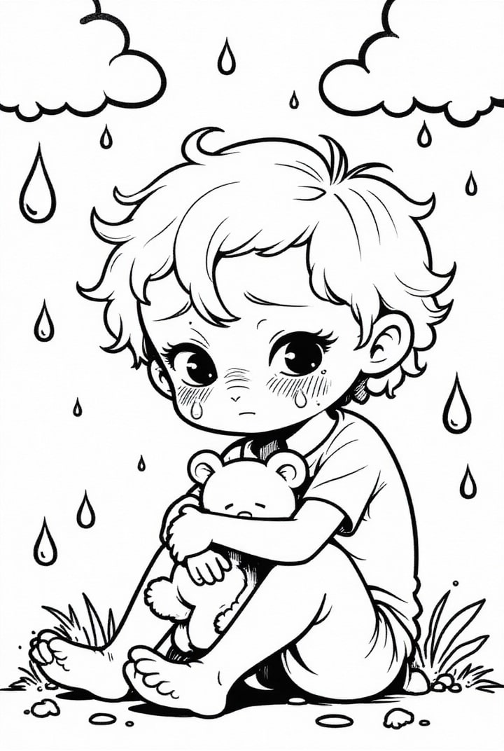 dibujo-para-colorear niño triste con oso