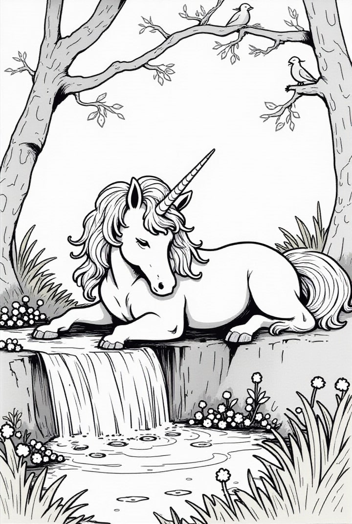 dibujo-para-colorear Unicornio descansando junto al río