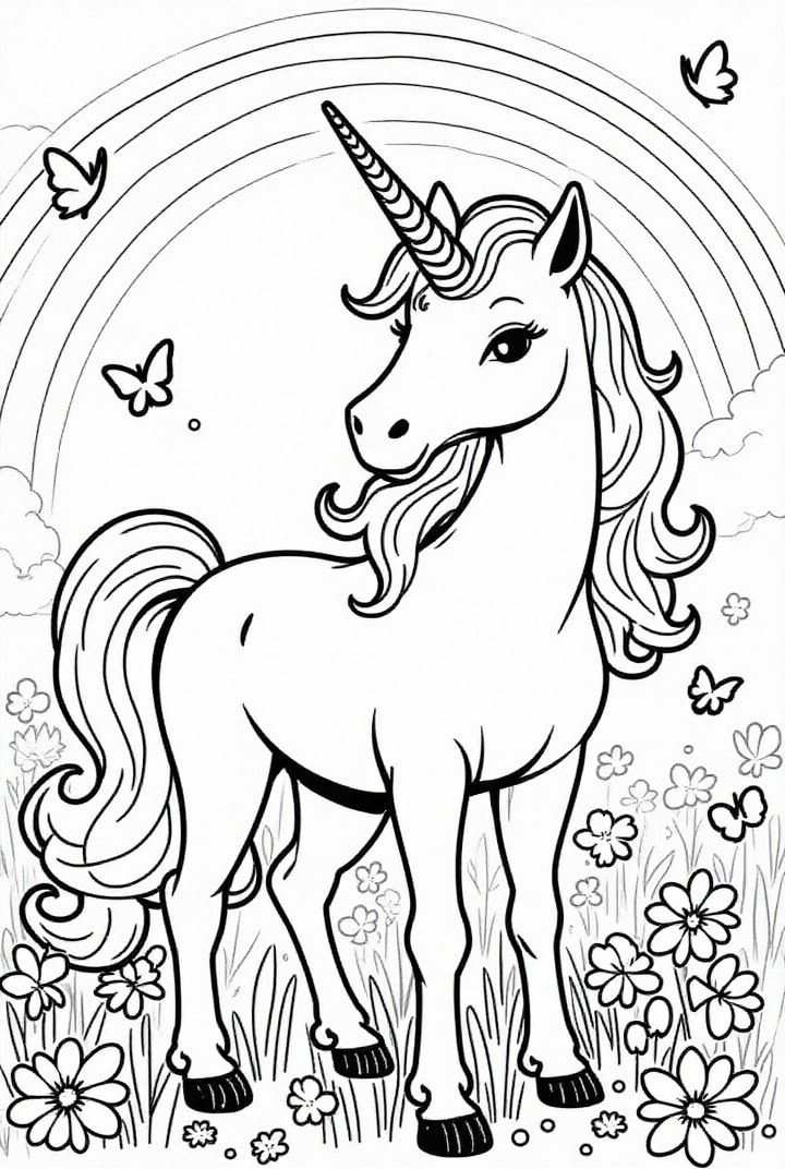 dibujo-para-colorear unicornio en el campo