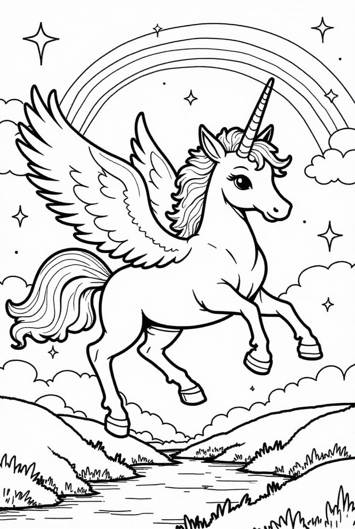 dibujo-para-colorear Unicornio volando por el cielo con arcoiris